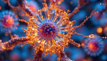 Detailed scientific visualization of a vibrant virus cell under a microscope, perfect for health, research, or medical applications, high resolution