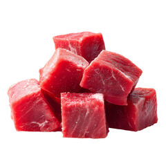 A pile of raw beef cubes presents a vibrant red color on a transparent background.