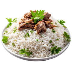 Overhead view of rice and lamb plate on clear background evokes fine dining and flavor.