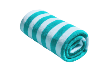 Rolled cyan/white striped towel, isolated