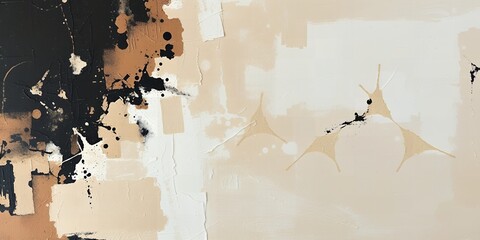Abstract painting with textured blocks of black beige and white and scattered paint splatters