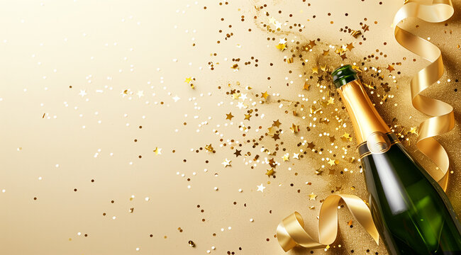 Champagne bottle with gold confetti and ribbon on a pale background