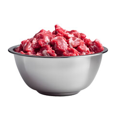 Fresh raw meat chunks filling a shiny metal bowl, isolated on a transparent background.