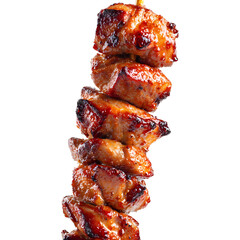 Close-up shows savory skewered meat with a glossy glaze, ready for transparent design integration.