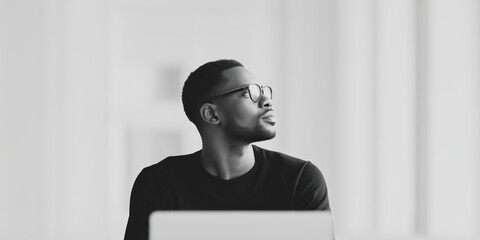 Reflective moment of a man in a modern workspace during the afternoon.