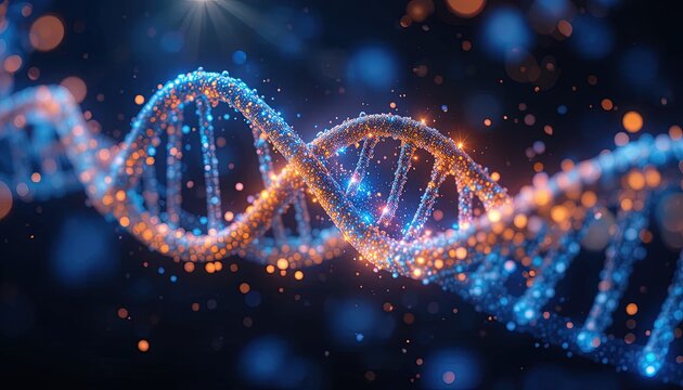 Stunning DNA structure with vibrant blue and orange lights for science presentations or cutting edge technology marketing campaigns, a modern look