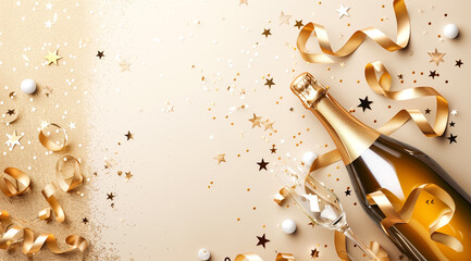 Champagne bottle and glasses with gold confetti and ribbons for celebration