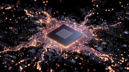 A detailed view of a central processing unit (CPU) on a dark circuit board, illuminated by glowing orange data pathways and small electronic components.
