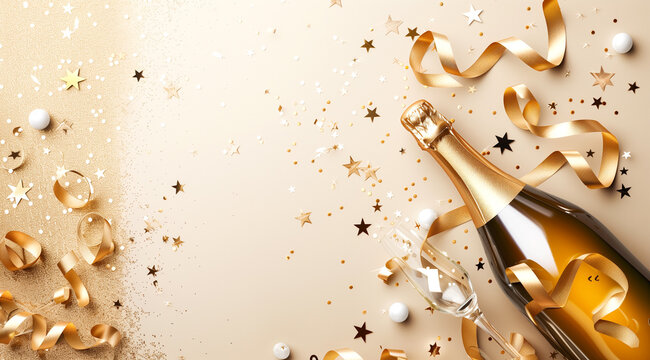 Champagne bottle and glasses with gold confetti and ribbons for celebration