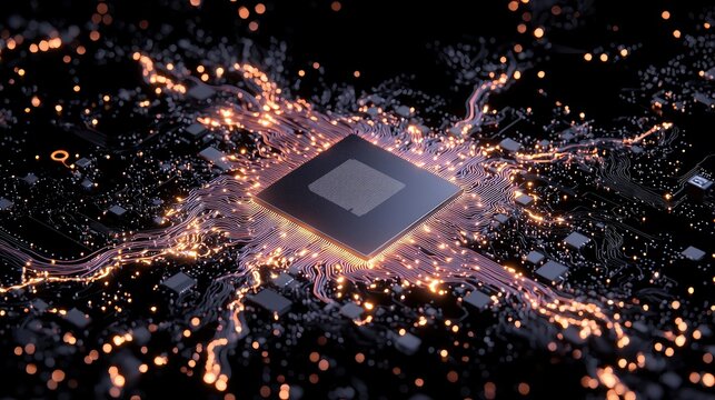 A detailed view of a central processing unit (CPU) on a dark circuit board, illuminated by glowing orange data pathways and small electronic components.
