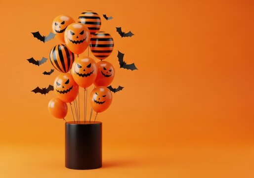 A festive bouquet of halloween balloons with spooky faces and bat decorations isolated on white background