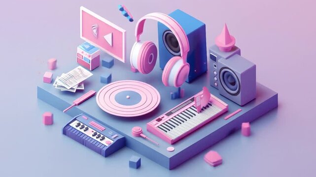 3d Isometric digital illustration floating music icons Videos