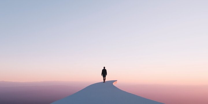 Solitary figure walking along a narrow path at sunset under a pastel sky.