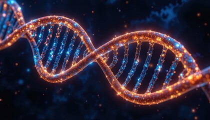 Stunning DNA strand with vibrant blue and orange lights, representing scientific advancements and modern medical research for a bright future