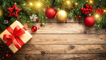 Top-view composition of wrapped Christmas gifts, red and gold baubles, fir branches, and ornaments arranged neatly above a rustic wooden plank background.