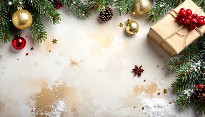 Minimal holiday layout with fir branches, ornaments, pinecones, and a single wrapped gift framing a textured light-toned surface, ideal for seasonal text placement.