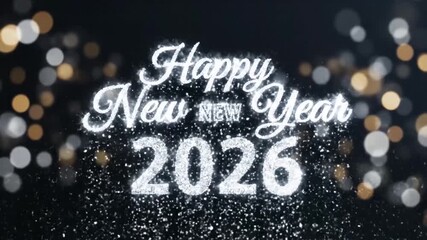 Glowing Happy New Year 2026 text crafted from shimmering silver particles and glitter on a dark, elegant background with festive bokeh lights