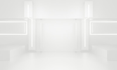 3D white geometric background with neon lights. White backdrop