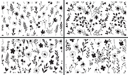 Flower Meadow Art, Floral Field Illustration, Wild Nature Drawing, Botanical Garden Vector, Minimal Floral Pattern, Hand Drawn Meadow Artwork, Black and White Flower Art, Elegant Wild Flower Design, N