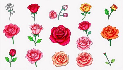 A collection of rose icons in various styles, including line art, solid, and watercolor, digital, red