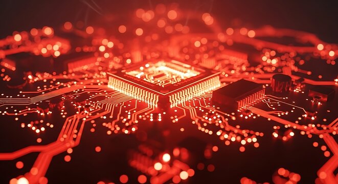 A closeup shot of a red computer processor on a circuit board, radiating heat and power, symbolizing technology and high performance computing