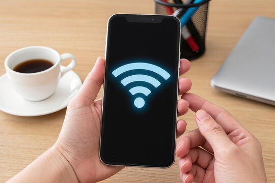 Setting WiFi of smart phone, Closeup of male hands touching smartphone screen at table