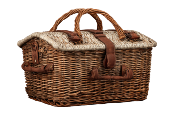 Wicker basket with handle & leather straps, picnic style