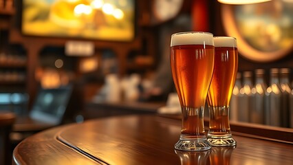 hangout. Two beer glasses on a wooden bar counter with warm lighting and a blurred tavern background. bar promotions, beverage menus, designed for food & beverage menus and cafe branding.