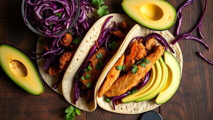 carnitas. A vibrant arrangement of Mexican street tacos with pork, avocado, and cabbage, showcasing rustic food presentation. menu design.