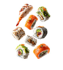 Assorted sushi rolls in midair, bright lighting