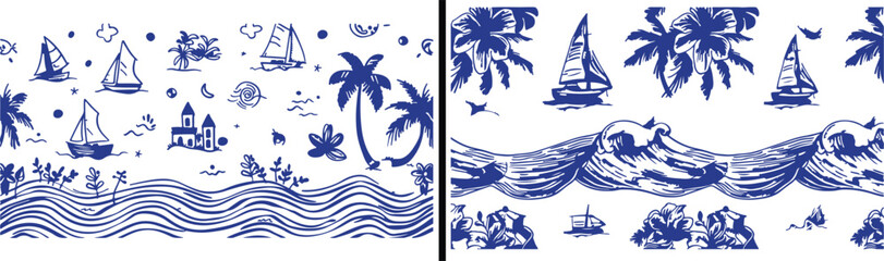 Obraz premium Palm Tree Illustration, Beach Scene Line Art, Tropical Island Drawing, Ocean Wave Artwork, Hand Drawn Palm Tree Design, Summer Holiday Vector, Minimal Coastal Illustration, Beach Paradise Art, Sea Sho
