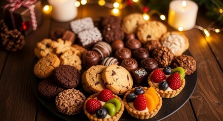 Fototapeta premium Festive Christmas Assortment of Delicious Cookies and Chocolates Decorated with Fresh Fruits and Twinkling Lights Perfect for Holiday Celebrations and Seasonal Gatherings
