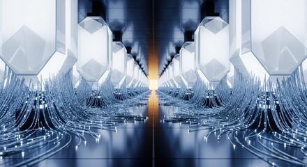 Futuristic Data Center Tunnel with Glowing Light at the End.