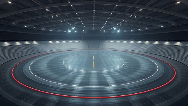 velodrome. Vast empty indoor cycling arena with circular track under dim lighting. event key visuals, club posters, designed for sports event promotions and stadium branding.