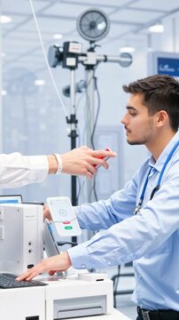 Young male doctor conducts breathalyzer test using advanced digital device in high-tech medical laboratory. Healthcare, diagnostics, and modern technology in clinical research.