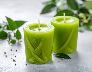 Two vibrant green cylindrical candles stand on a textured gray surface with fresh foliage. The candles are decorated with carved designs