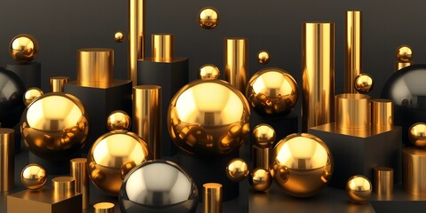 Golden and silver metallic spheres and cylinders arranged on black pedestals and platforms