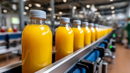 Bottles of Fresh Orange Juice on a Production Line in a Modern Factory Setting