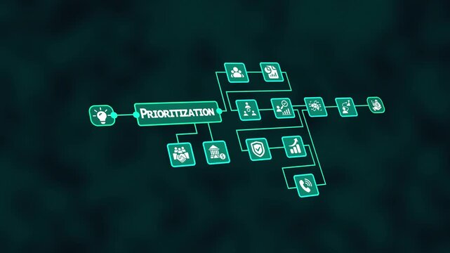 Strategic Prioritization Process Diagram with Neon Workflow Icons Showing Task Ranking, Resource Allocation, Time Efficiency and Business Planning Optimization Model.