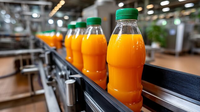 Orange juice production line with bottles on conveyor belt in factory setting