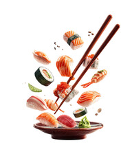 Sushi teetering on chopsticks above plate