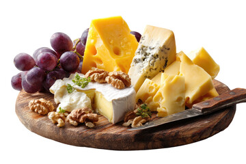 Assorted cheeses, grapes, walnuts on wood board, with knife