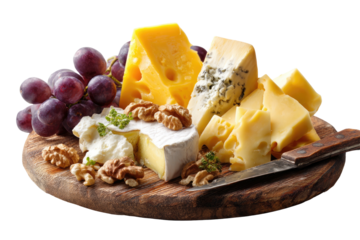 Assorted cheeses, grapes, walnuts on wood board, with knife
