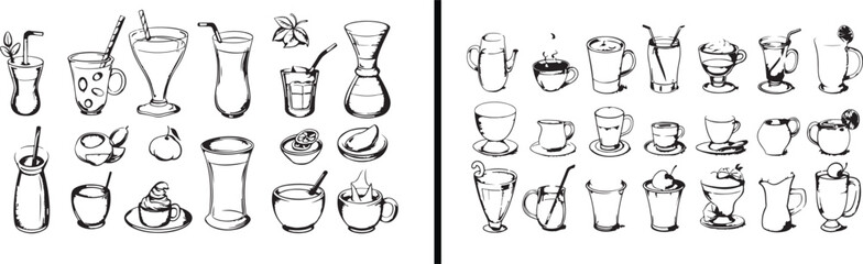 Coffee Illustration Art, Tea Cup Drawing, Beverage Vector Design, Café Drink Outline, Hand Drawn Coffee Sketch, Minimal Coffee Line Art, Hot Drink Illustration, Barista Coffee Artwork, Black and White