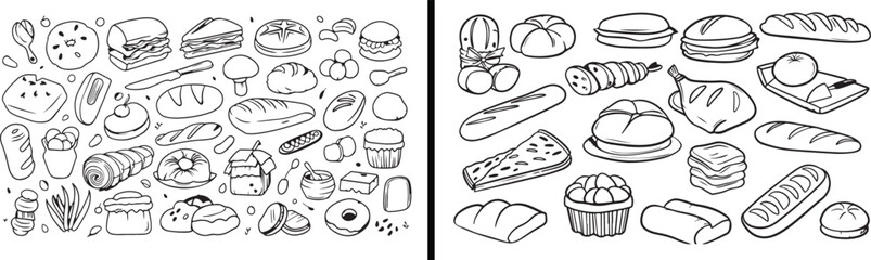 Bakery Illustration Drawing, Bread and Pastry Art, Hand Drawn Food Vector, Minimal Culinary Design, Black and White Bakery Sketch, Delicious Bread Illustration, Breakfast Food Artwork, Baked Goods Vec