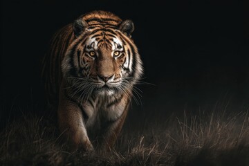 Obraz premium Majestic tiger emerges from darkness, golden eyes gleaming through tall dry grass