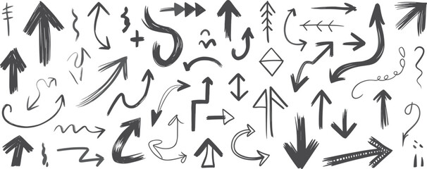 Set of hand drawn arrow vector illustrations, grunge black marker sketch design elements, direction pointers and curved lines isolated on white background.