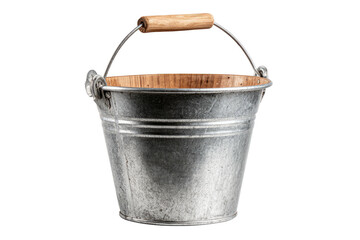 Metal bucket with wooden interior and handle, isolated