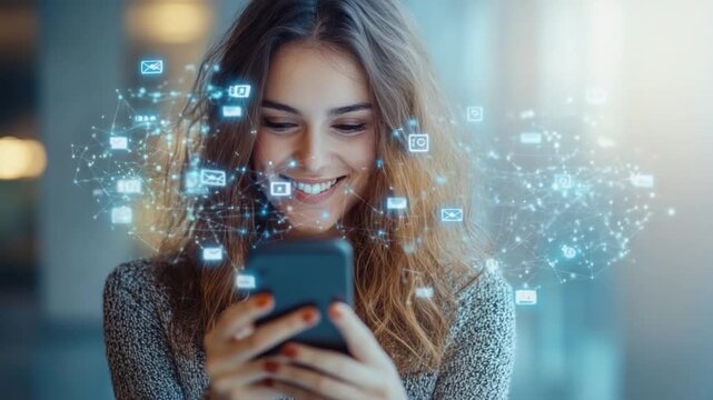 Connected World: A woman is immersed in the digital realm, smiling as she interacts with her smartphone, surrounded by a luminous network of communication symbols.