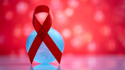 A symbolic red ribbon tied around a light blue egg against a vibrant bokeh background representing awareness and support for health causes and events
